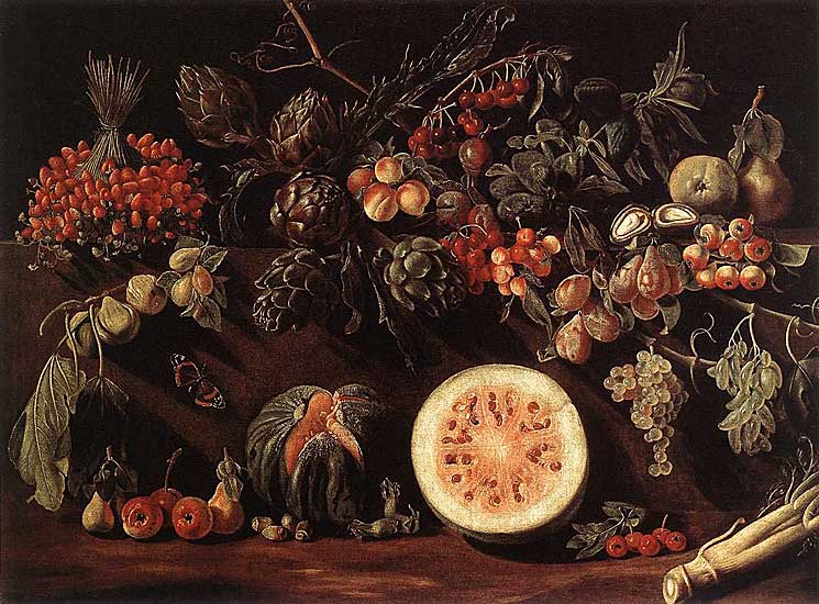 Pietro Paolo Bonzi - Früchte, Gemüse und ein Schmetterling (1620) - Öl auf Leinwand - 100x136 cm - Private Sammlung