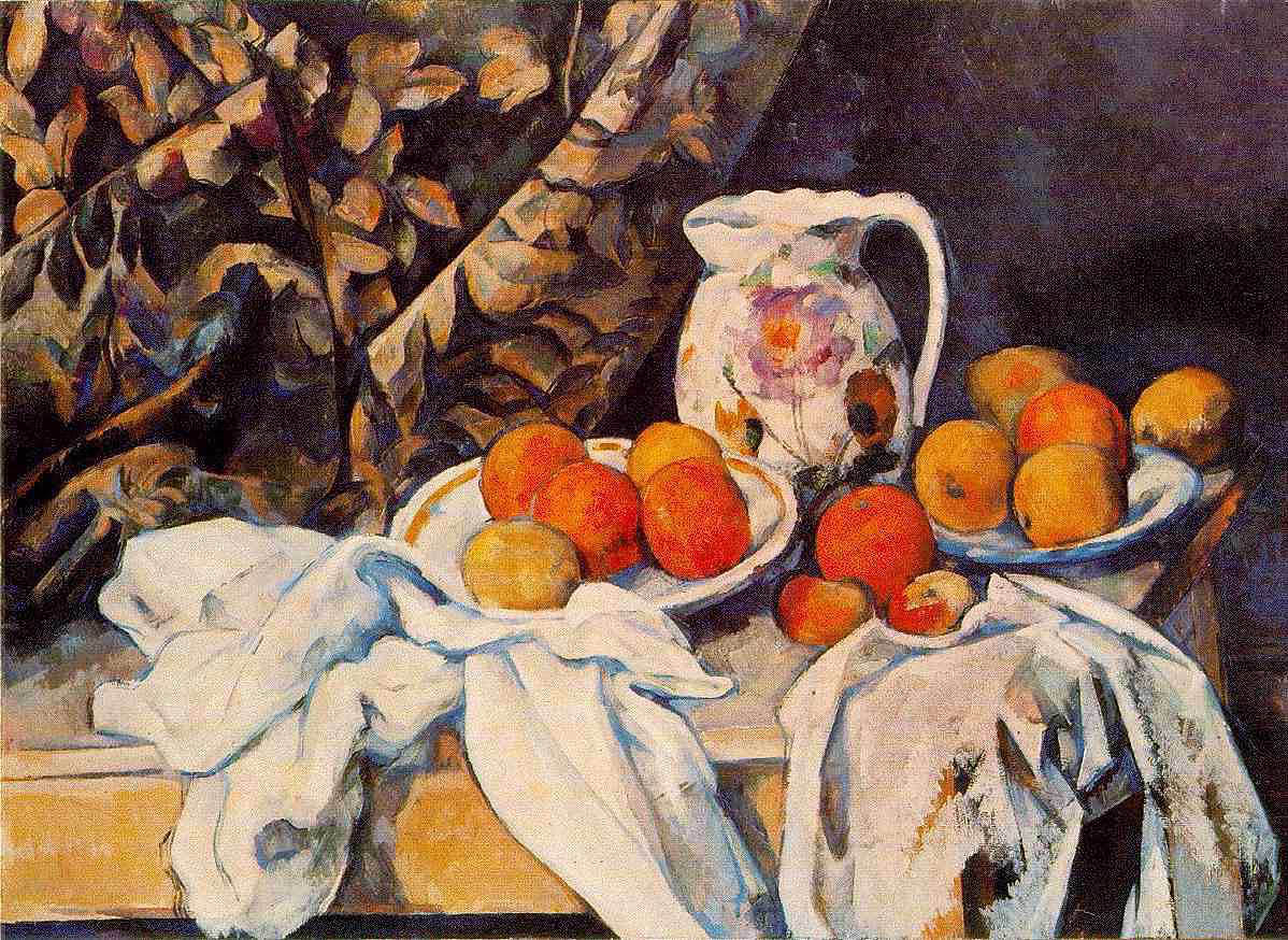 Paul Cézanne - Nature morte avec rideau et pichet fleuri (Still Life with Curtain and Flowered Pitcher) (ca. 1899) - Ol auf Leinwand - 55x74 cm - L'Hermitage, Leningrad