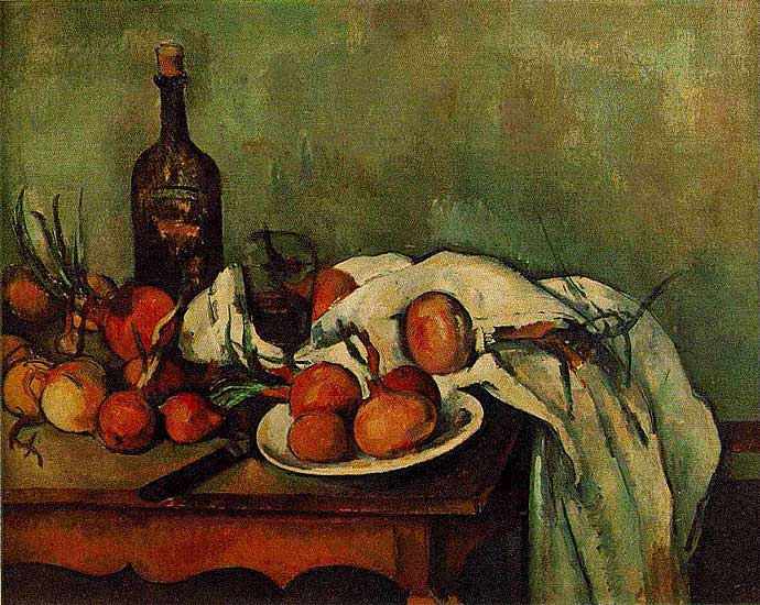 Paul Cézanne - Stilleben mit Zwiebeln und Flasche (1895) - Öl auf Leinwand - Louvre, Paris