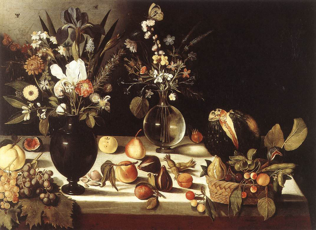 Master of the Hartford Still-Life - Tisch mit Blumen und Früchten (1600-10) - Öl auf Leinwand - 74x100 cm - Wadsworth Atheneum, Hartford