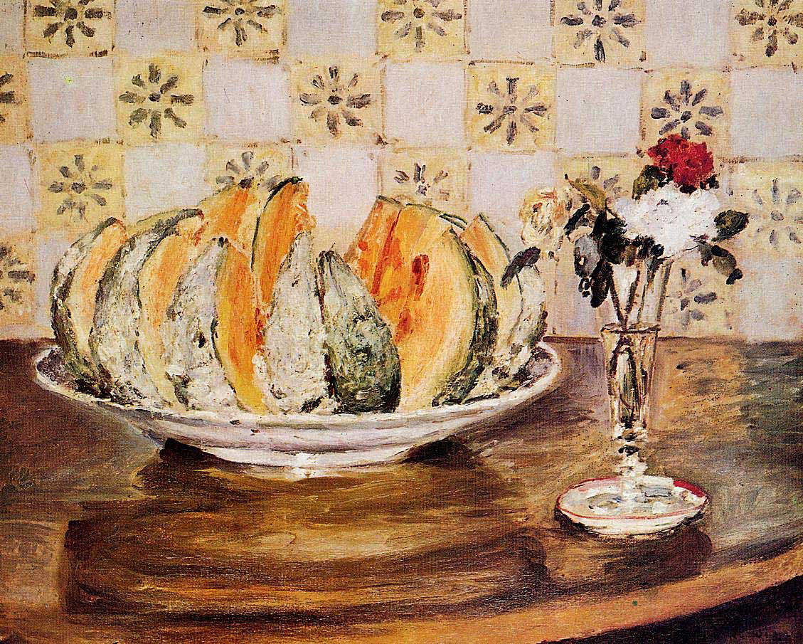 Pierre-Auguste Renoir - Stilleben mit Melone und Blumenvase (1872) - Öl auf Leinwand