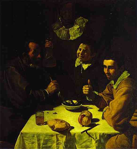 Diego Velázquez - Drei Männer am Tisch (ca. 1618) - Öl auf Leinwand - L'Hermitage, St. Petersburg