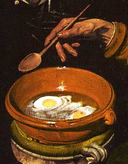 Eier in Pfanne - Detail aus Diego Velazquez - Alte Frau beim Eierbraten (1610)