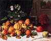Gustave Courbet - Stilleben mit Äpfeln, Pfirsichen and Nachtkerzenplanze (Primeroses) auf Tisch (1872)