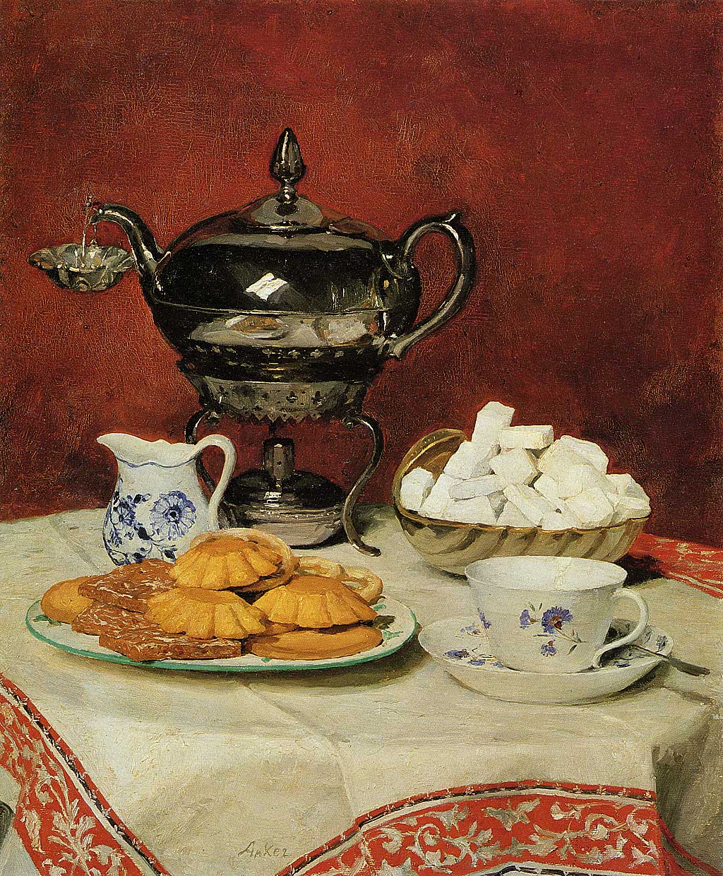 Albert Anker - Stilleben: Tee und Schmelzbrötchen - um 1896 - Öl auf Leinwand - 51x42 cm