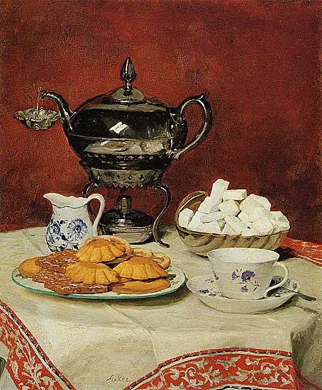 Albert Anker - Stilleben: Tee und Schmelzbrötchen - um 1896 - Öl auf Leinwand - 51x42 cm
