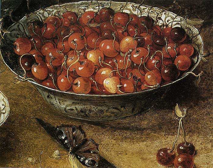 Osias Beert - Stilleben mit Kirschen und Erdbeeren in chinesischen Schalen (Detail) (1608) - Öl auf Holz - 50x66 cm - Staatliche Museen Berlin