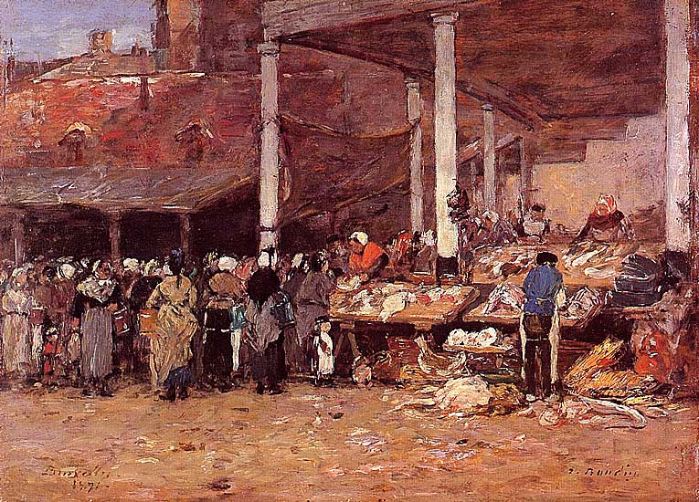 Eugene Boudin - Brüssels - Der alte Fischmarkt (1871) - Öl auf Panel - Privat Sammlung