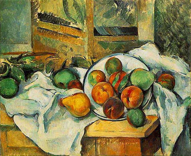 Paul Cezanne - Table, Napkin, and Fruit (Un coin de table) - (1895-1900) -  Öl auf Leinwand - 47x56 cm - The Barnes Foundation, Merion Pennsylvania