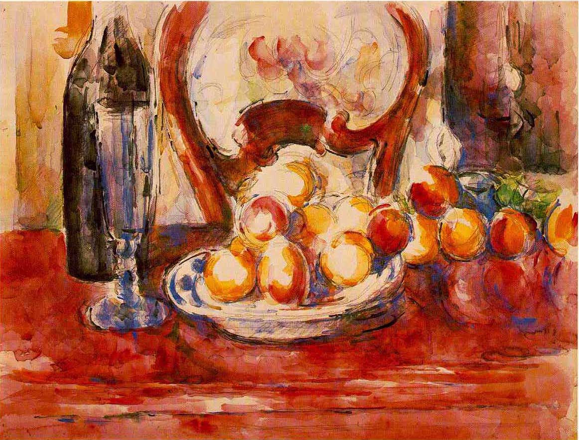 Paul Cézanne - Stilleben mit Äpfeln, Flasche und Stuhllehne (1902-1906) - Bleistift und Wasserfarbe - 44x59 cm
