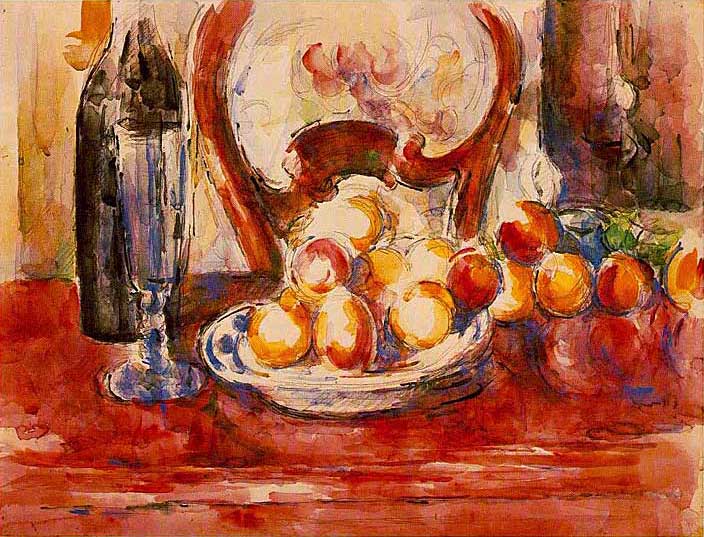 Paul Cézanne - Stilleben mit Äpfeln, Flasche und Stuhllehne (1902-1906) - Bleistift und Wasserfarbe - 44x59 cm