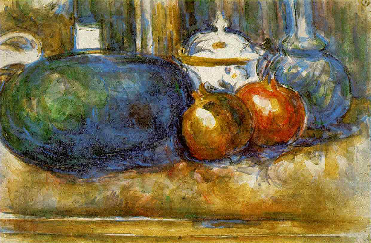 Paul Cézanne - Stilleben mit Wassermelone und Granatapfel (1900-06) - Wasserfarbe und Bleistift auf Papier - 30x47 cm - Philadelphia Museum of Art