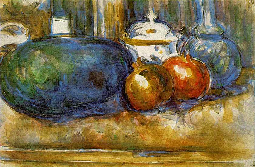 Paul Cézanne - Stilleben mit Wassermelone und Granatapfel (1900-06) - Wasserfarbe und Bleistift auf Papier - 30x47 cm - Philadelphia Museum of Art