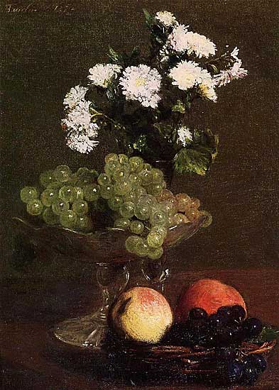 Henri Fantin-Latour - Stilleben mit Chrysanthemen und Trauben (1872) - Öl auf Leinwand