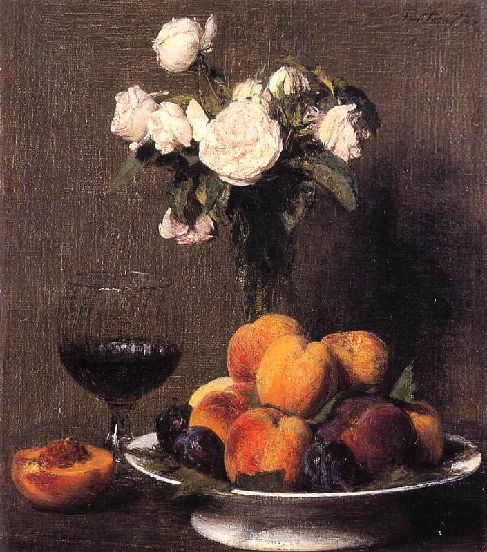 Henri Fantin-Latour - Stilleben mit Rosen, Früchten und einem Glas Wein (1872) - Öl auf Leinwand