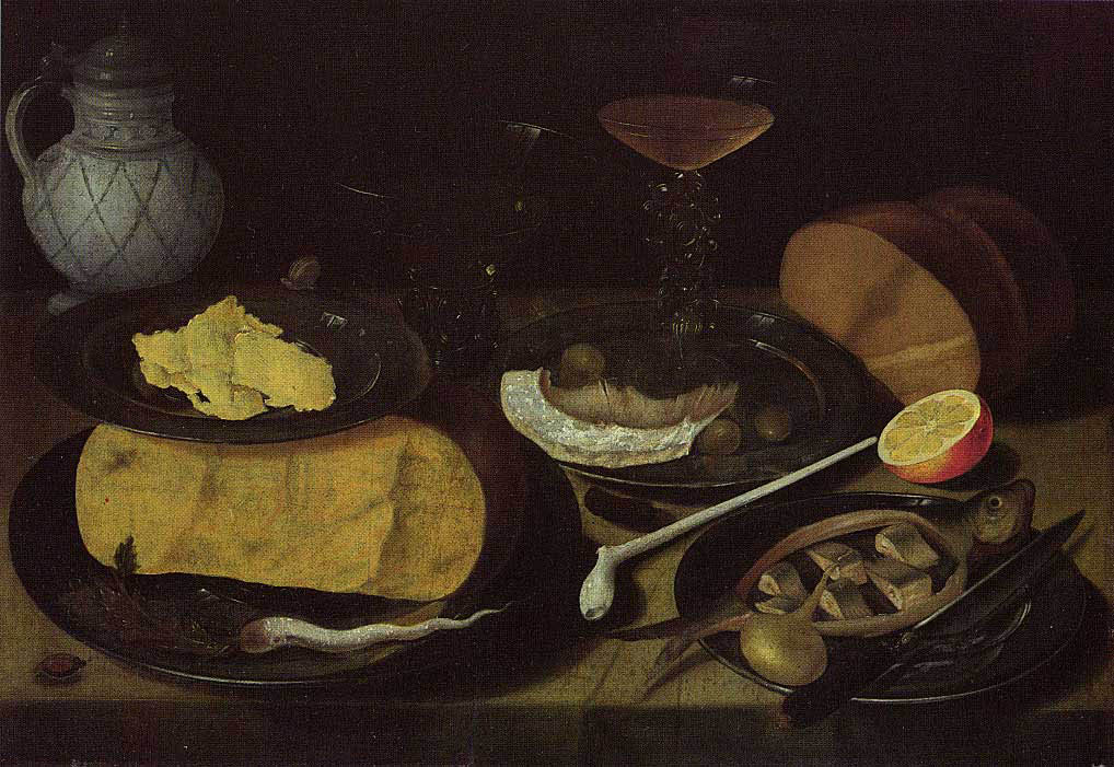 Jacob Flegel - Fischstilleben mit Zwiebel und Käse (undat) - Öl auf Holz - 51x74 cm - Kunstmuseum, Duesseldorf