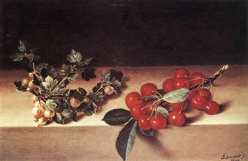 François Garnier - Kirschen und Stachelbeeren auf Tisch (1644) - Öl auf Holz - 24x35 cm - Louvre, Paris