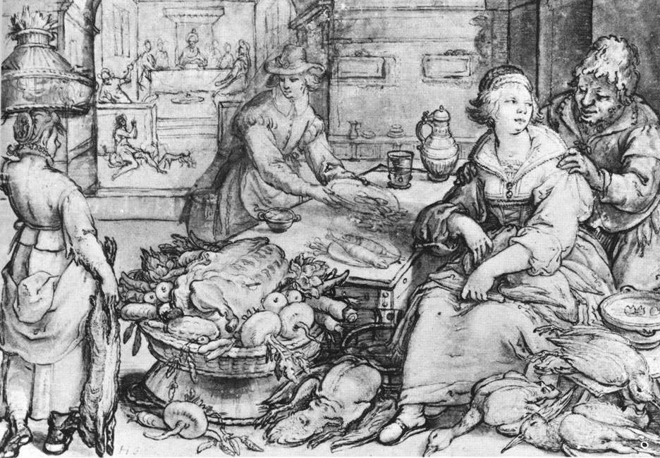 Hendrick Goltzius - The Rich Kitchen - 1603 - Ink & pen on paper - 20x33 cm - Prentenkabinet Rijksuniversiteit, Leiden