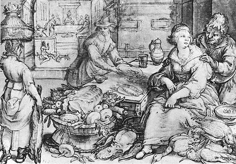 Hendrick Goltzius - The Rich Kitchen - 1603 - Ink & pen on paper - 20x33 cm - Prentenkabinet Rijksuniversiteit, Leiden