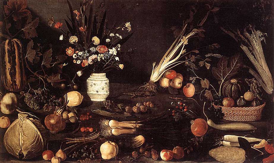 Master of the Hartford Still-Life - Blumen, Früchte, Gemüse und 2 Eidechsen (vor 1607) - Öl auf Leinwand - 105x184 cm - Galleria Borghese, Rom