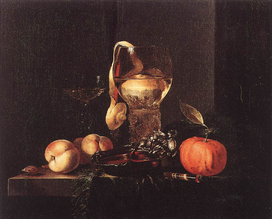 Willem Kalf - Stilleben mit Silberschale, Gläsern und Früchten (1658) - Öl auf Leinwand - 49x59 cm - Wallraf-Richartz Museum, Köln