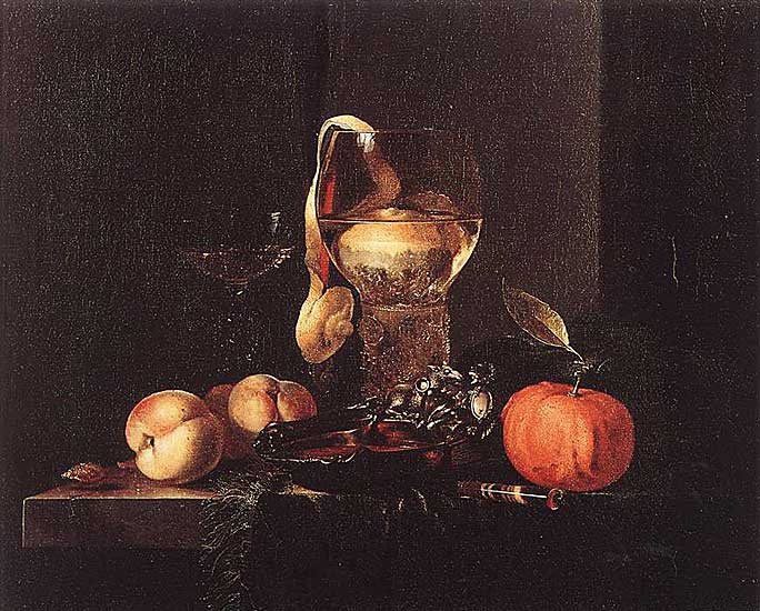 Willem Kalf - Stilleben mit Silberschale, Gläsern und Früchten (1658) - Öl auf Leinwand - 49x59 cm - Wallraf-Richartz Museum, Köln