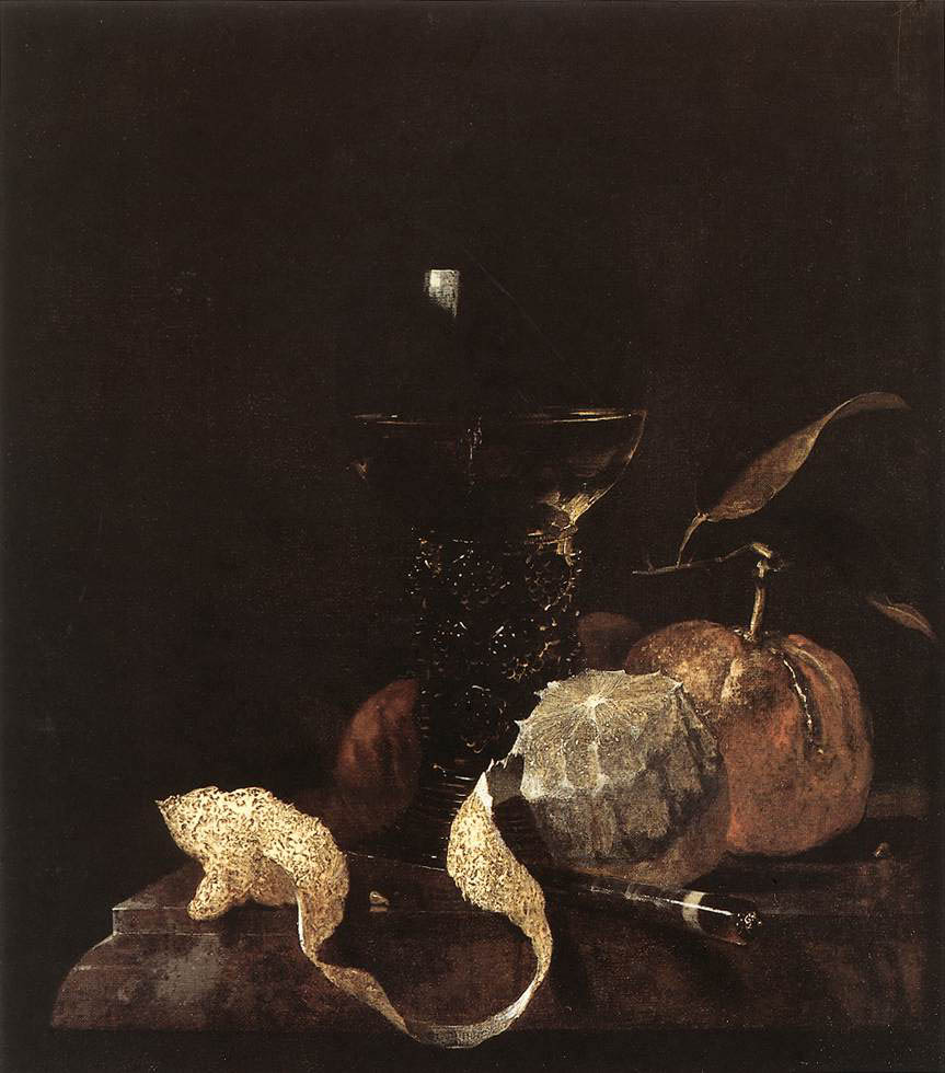 Willem Kalf - Stilleben mit Zitrone, Orangen und einem Glas Wein (1663) - Öl auf Leinwand - 37x31 cm - Staatliche Kunsthalle, Karlsruhe