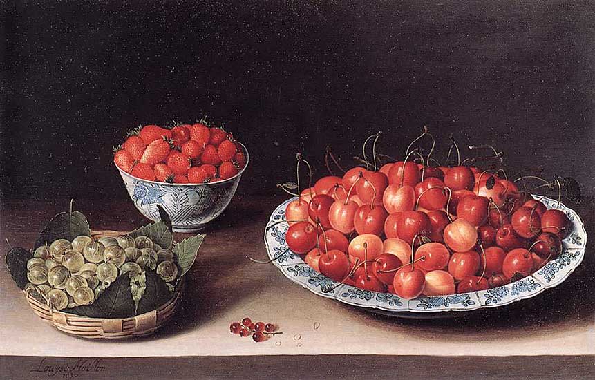 Louise Moillon - Stilleben mit Kirschen, Erdbeeren und Stachelbeeren (1630) - Öl auf Holz - 31x49 cm - Norton Simon Museum of Art, Pasadena