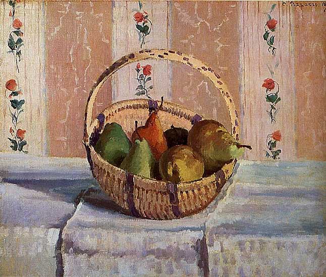 Camille Pissarro - Stilleben mit Äpfeln und Birnen in rundem Korb (1872) - Öl auf Leinwand