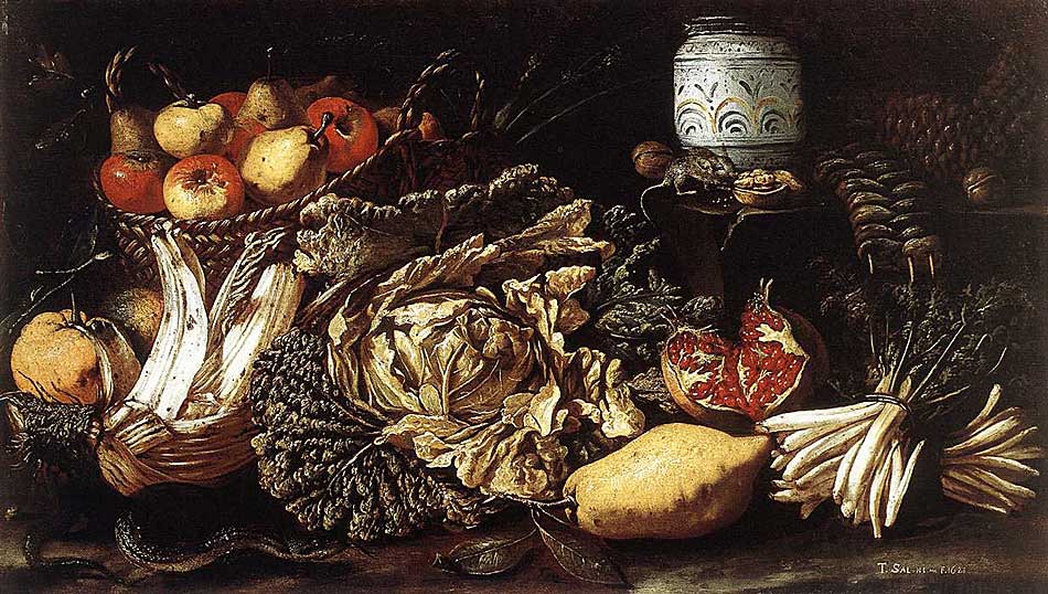 Tommaso Salini - Stilleben mit Obst, Gemüse und Tieren (1621) - Öl auf Leinwand - 55x95 cm - Private Collection