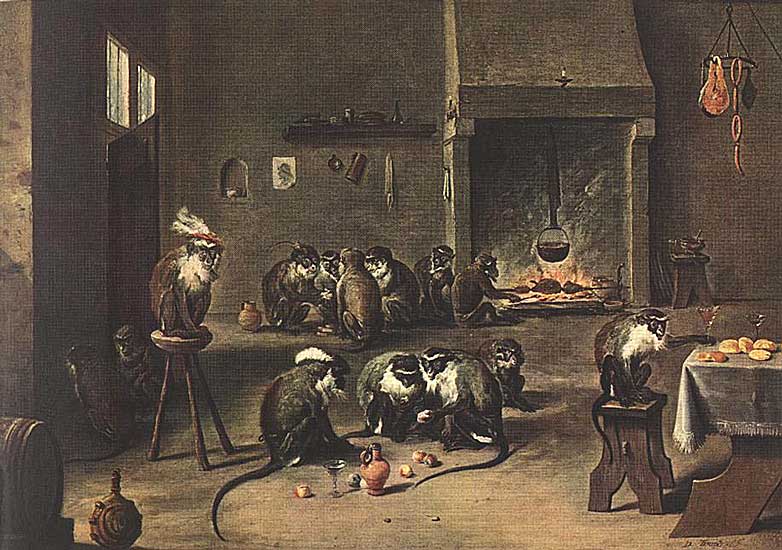 David Teniers the Younger - Apes in the Kitchen - Oil on Canvas transfered from Wood - 36x51 cm - The Hermitage, St. Petersburg