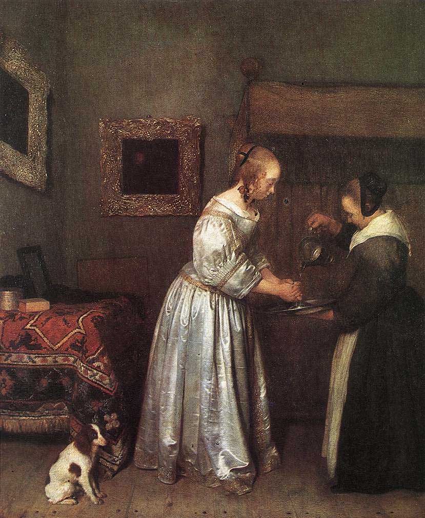 Gerard Terborch - Frau wäscht sich ihre Hände - ca. 1655 - Öl auf Eiche, 53x43 cm - Gemäldegalerie Dresden