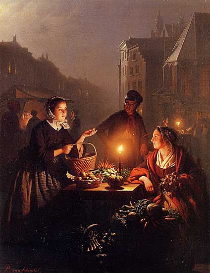 Petrus van Schendel - Gemüsemarkt bei Mondlicht - Öl auf Panel - Private Sammlung