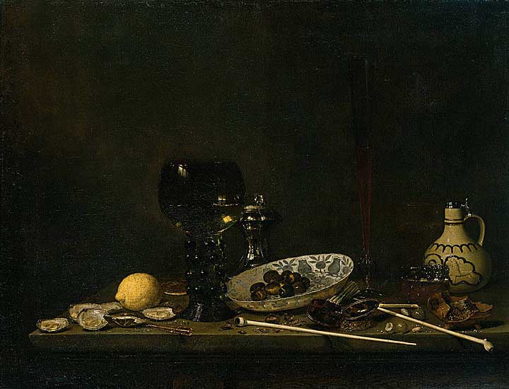 Jan Jansz van de Velde III - Stilleben mit Römer, Flötenglas Tonkrug und Pfeifen (1651) - Rijksmuseum. Amsterdam