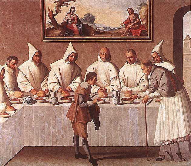 Francisco Zurbarán - St Hugo of Grenoble in the Carthusian Refectory - ca. 1633 - Oil on Canvas - 102x168 cm - Museo de Bellas Artes, Sevilla