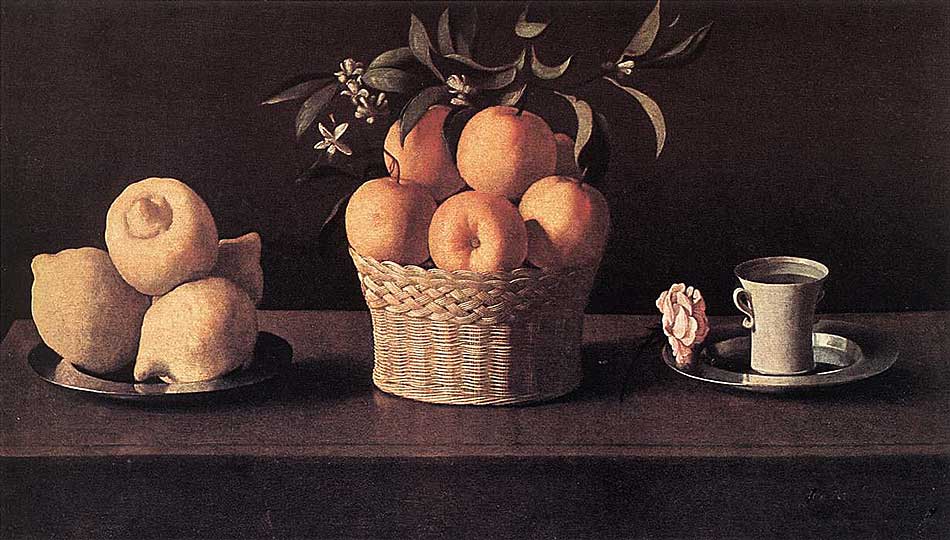 Francisco Zurbarán - Stilleben mit Zitronen, Orangen und einer Rose (1633) - Öl auf Leinwand - 60x107 cm - Norton Simon Museum of Art, Pasadena