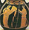 Demeter, einen Pflug haltend, beobachtet Hades beim Säen eines Feldes aus dem Füllhorn (430 v.Chr. - Nat. Archeologisches Museum, Athen)