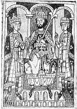 Friedrich I. Barbaraossa mit seinen Söhnen (Miniatur um 1180)